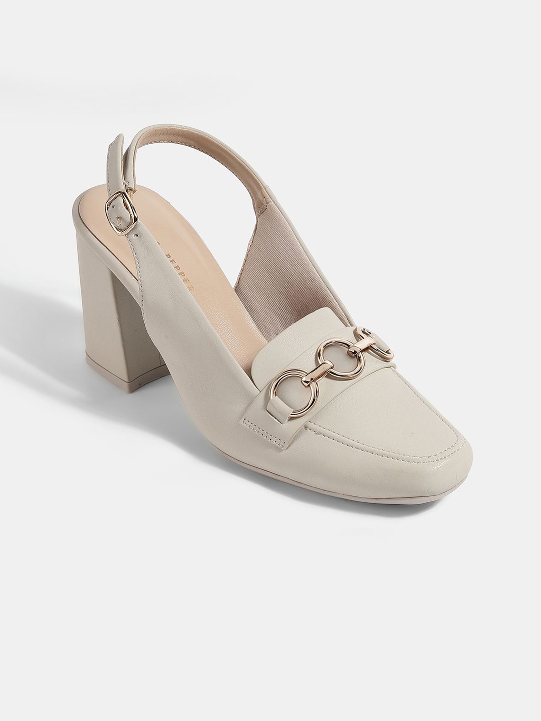 

LEMON & PEPPER Round Toe Block Heeled Pumps, Beige