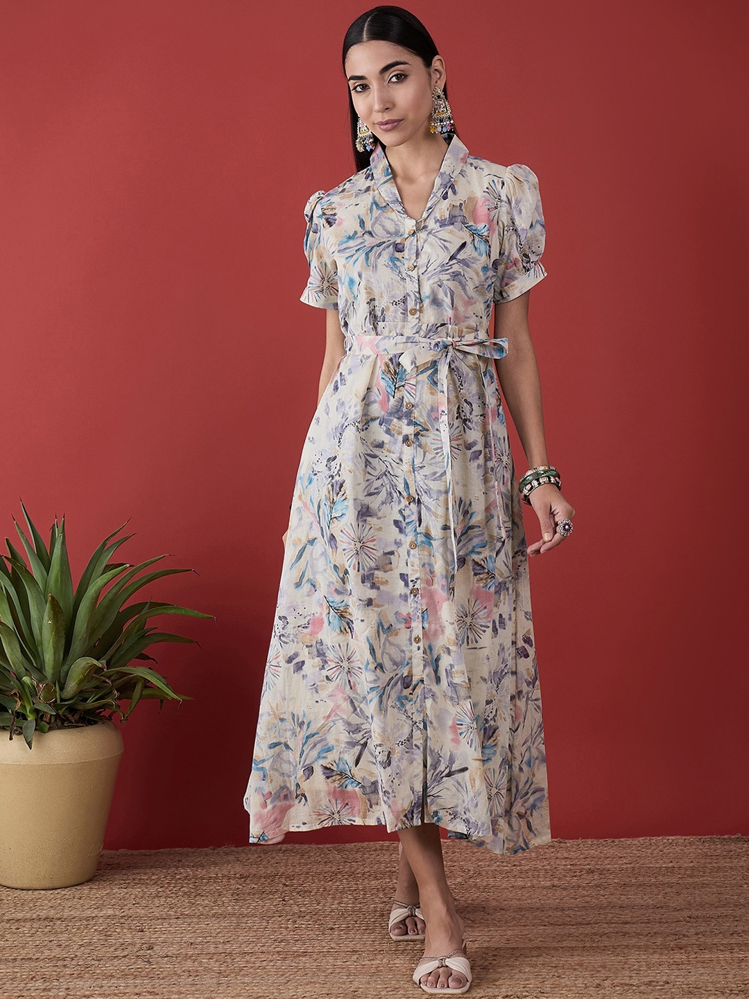 

Anouk Off White Floral Printed Puff Sleeves Belted A-Line Midi Dress