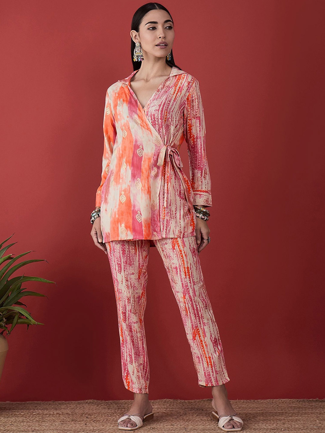 

Anouk Peach-Coloured Printed V-Neck Long Sleeves Top With Trousers