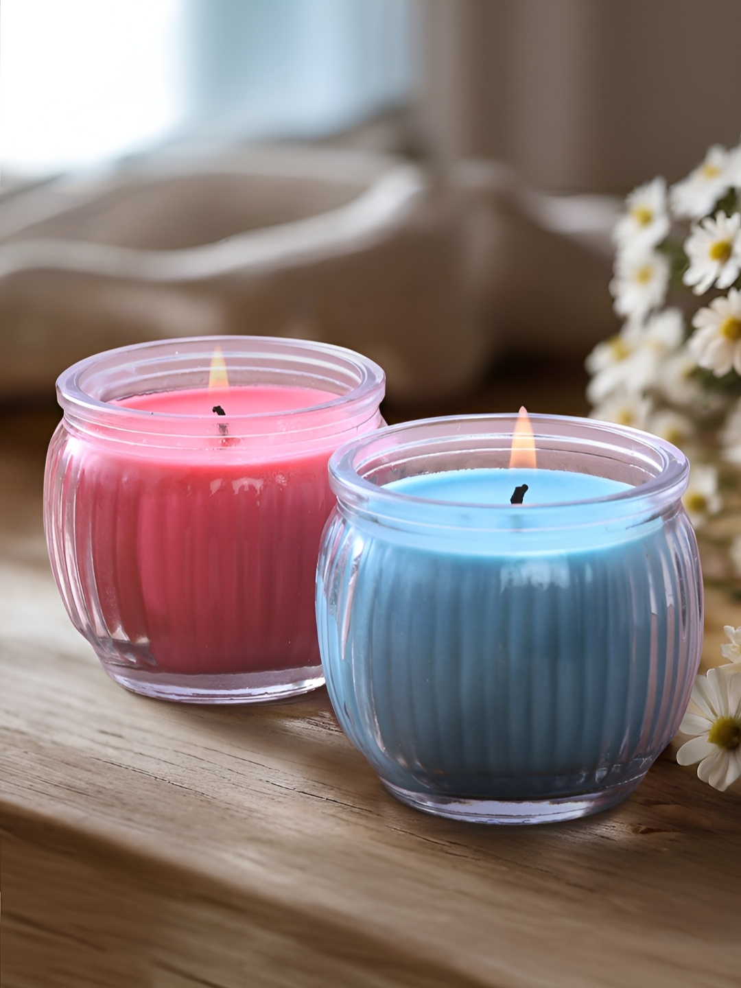 

Iris Blue & Pink 2 Pieces Textured Cool Blue and Damask Rose Scented Jar Candles