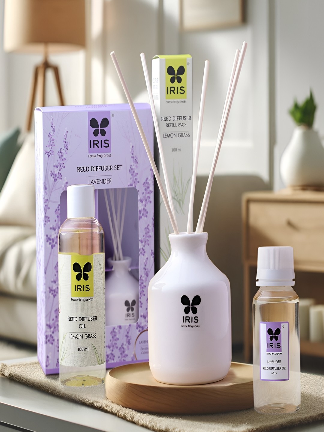 

Iris White & Lavender Colour 4 Pcs Lavender & Lemon Grass Reed Aroma Oil Diffuser & Sticks