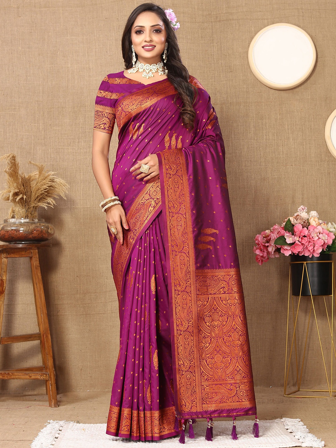 

VEECHIS Ethnic Motifs Zari Pure Cotton Kanjeevaram Saree, Purple