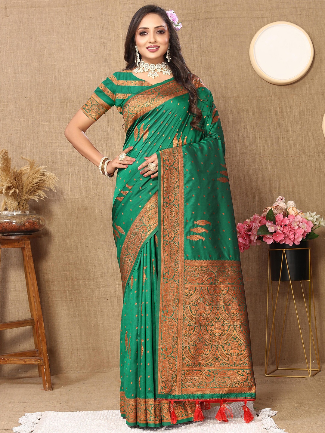 

VEECHIS Woven Design Zari Pure Cotton Kanjeevaram Saree, Sea green