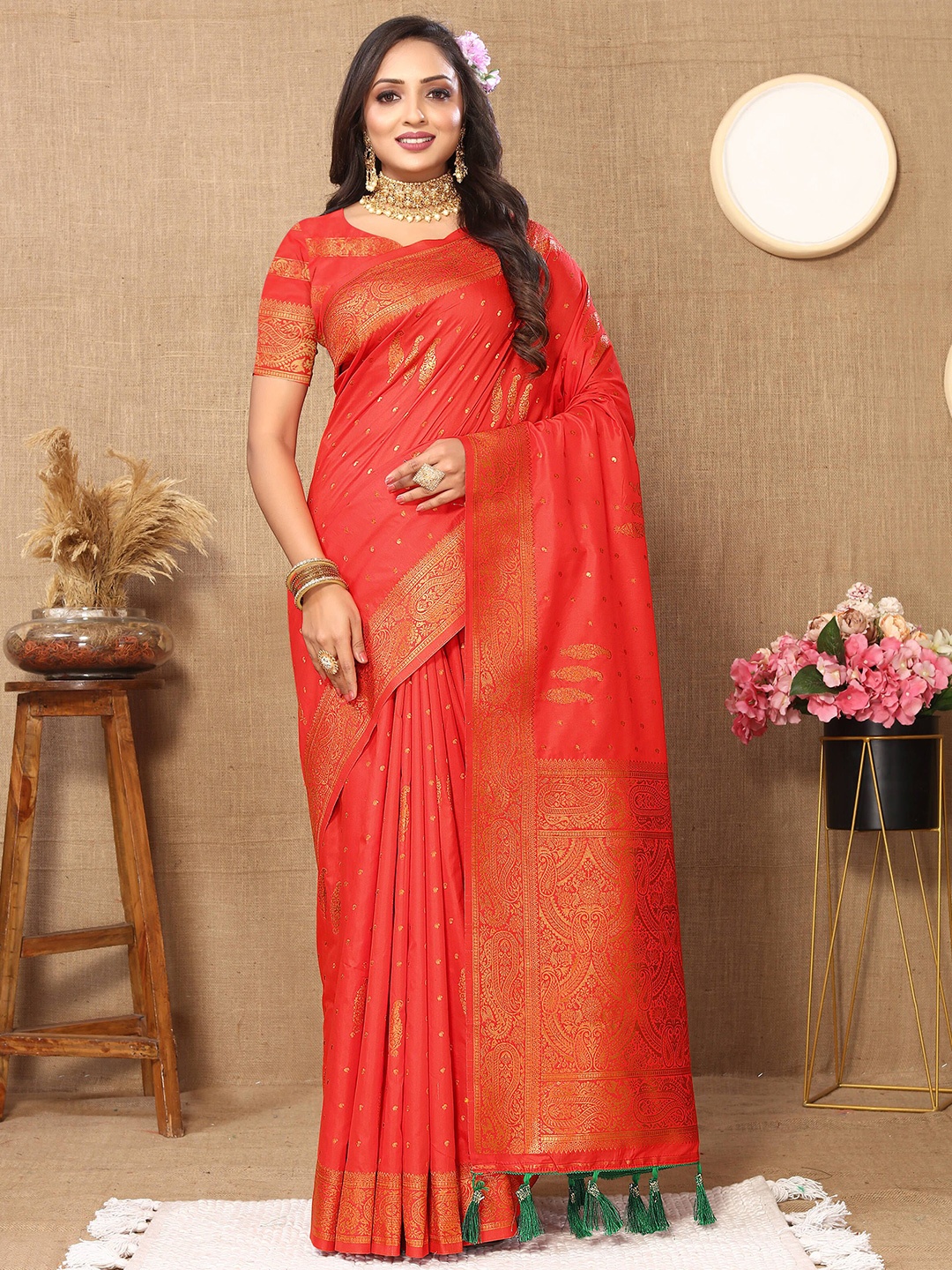 

VEECHIS Woven Design Zari Pure Cotton Kanjeevaram Saree, Orange