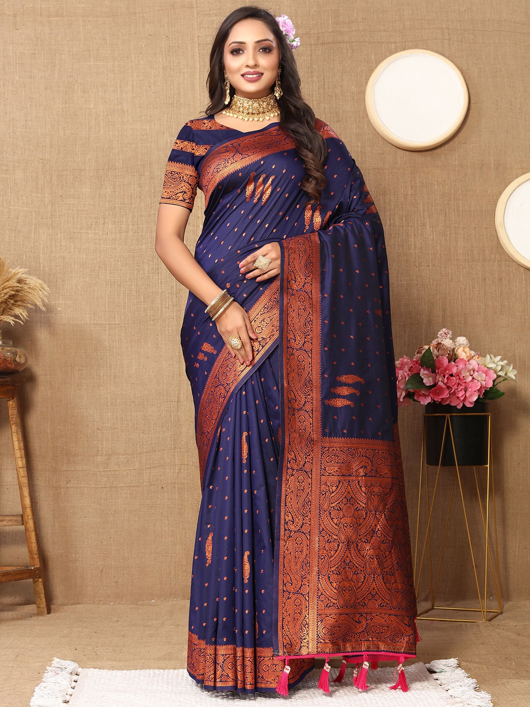 

VEECHIS Woven Design Zari Pure Cotton Kanjeevaram Saree, Navy blue