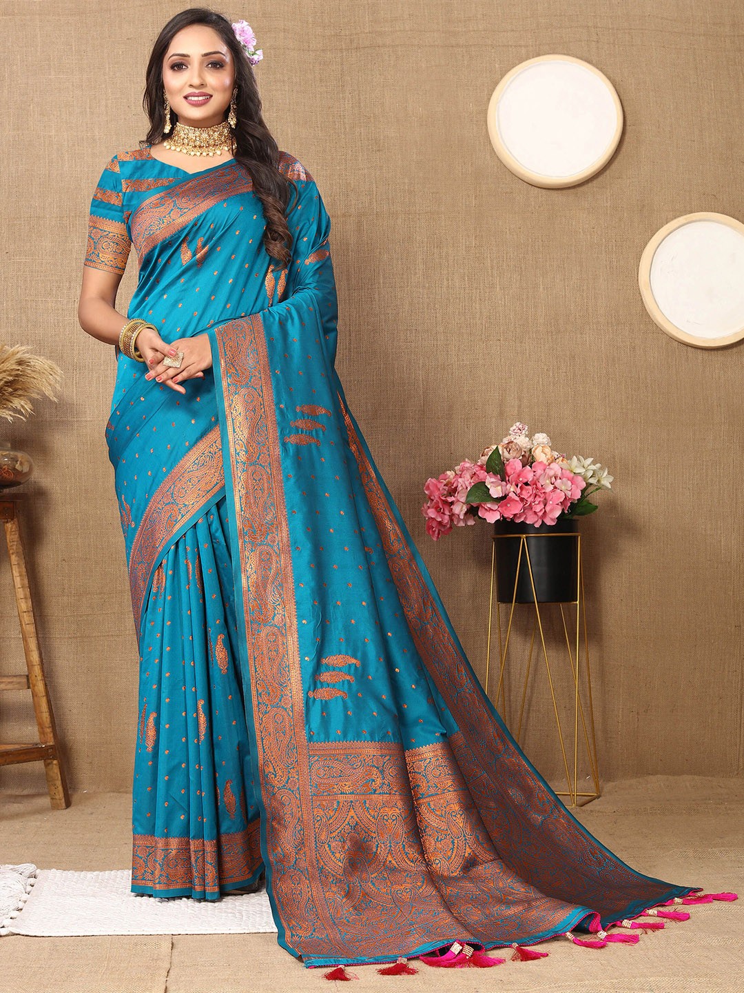 

VEECHIS Woven Design Zari Pure Cotton Kanjeevaram Saree, Turquoise blue