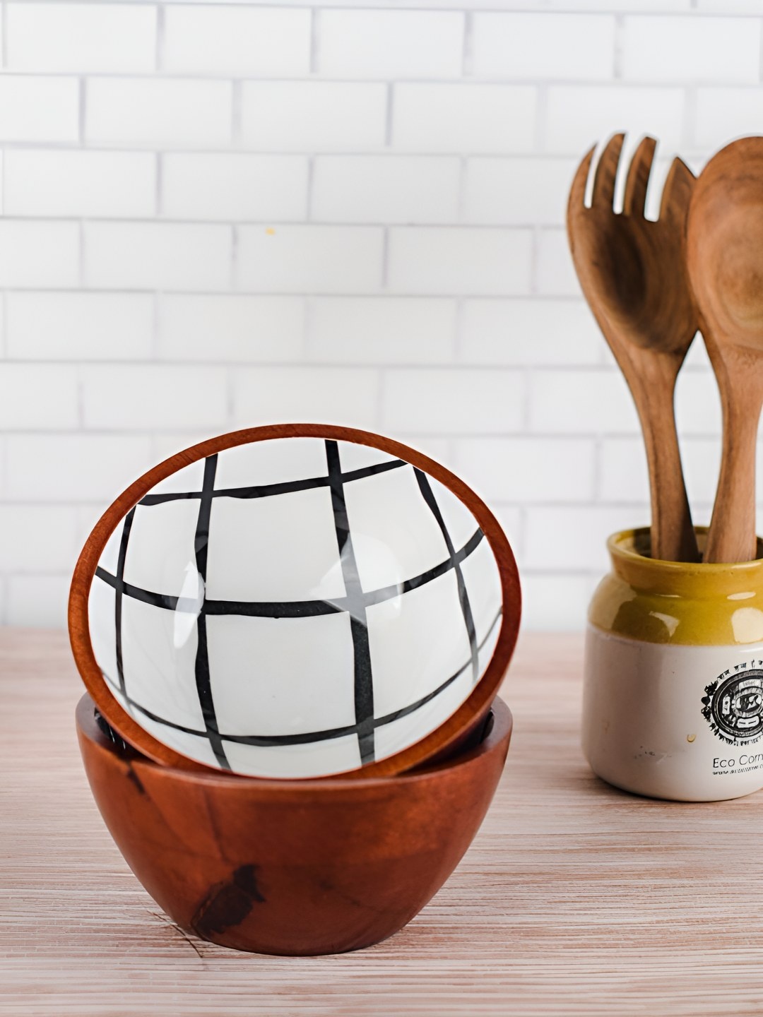 

The Pitara Project White & Brown Wooden Textured Serving Bowl
