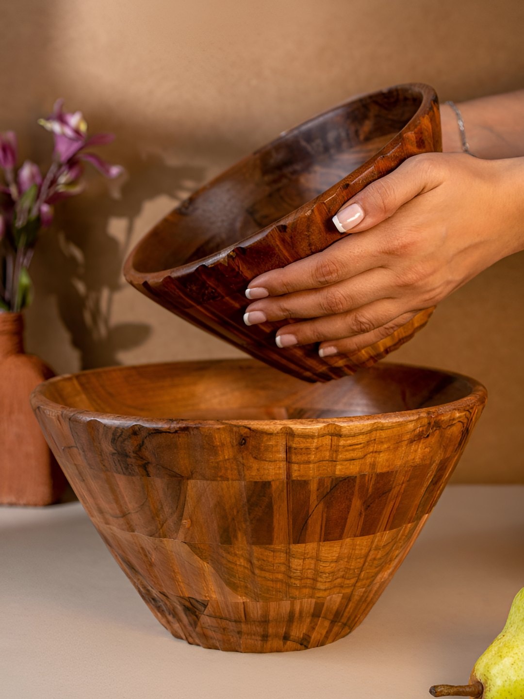 

The Pitara Project Brown Wooden Textured Serving Bowl