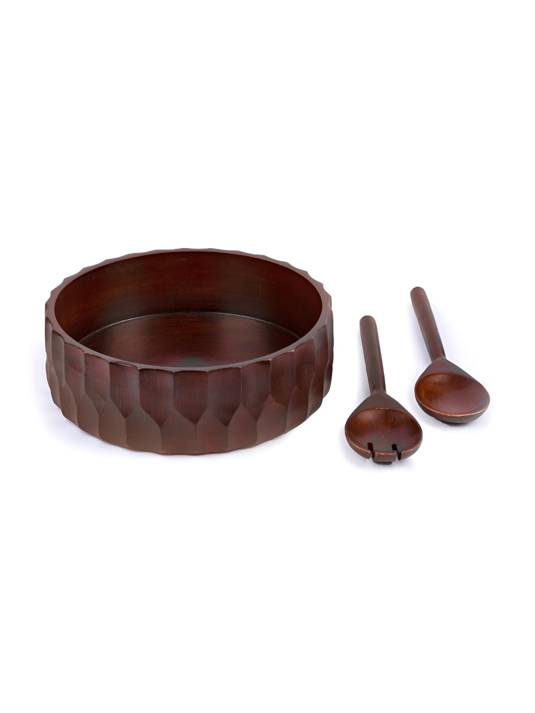 

The Pitara Project Brown 3 Pieces Wooden Textured Serving Bowl & Server Set