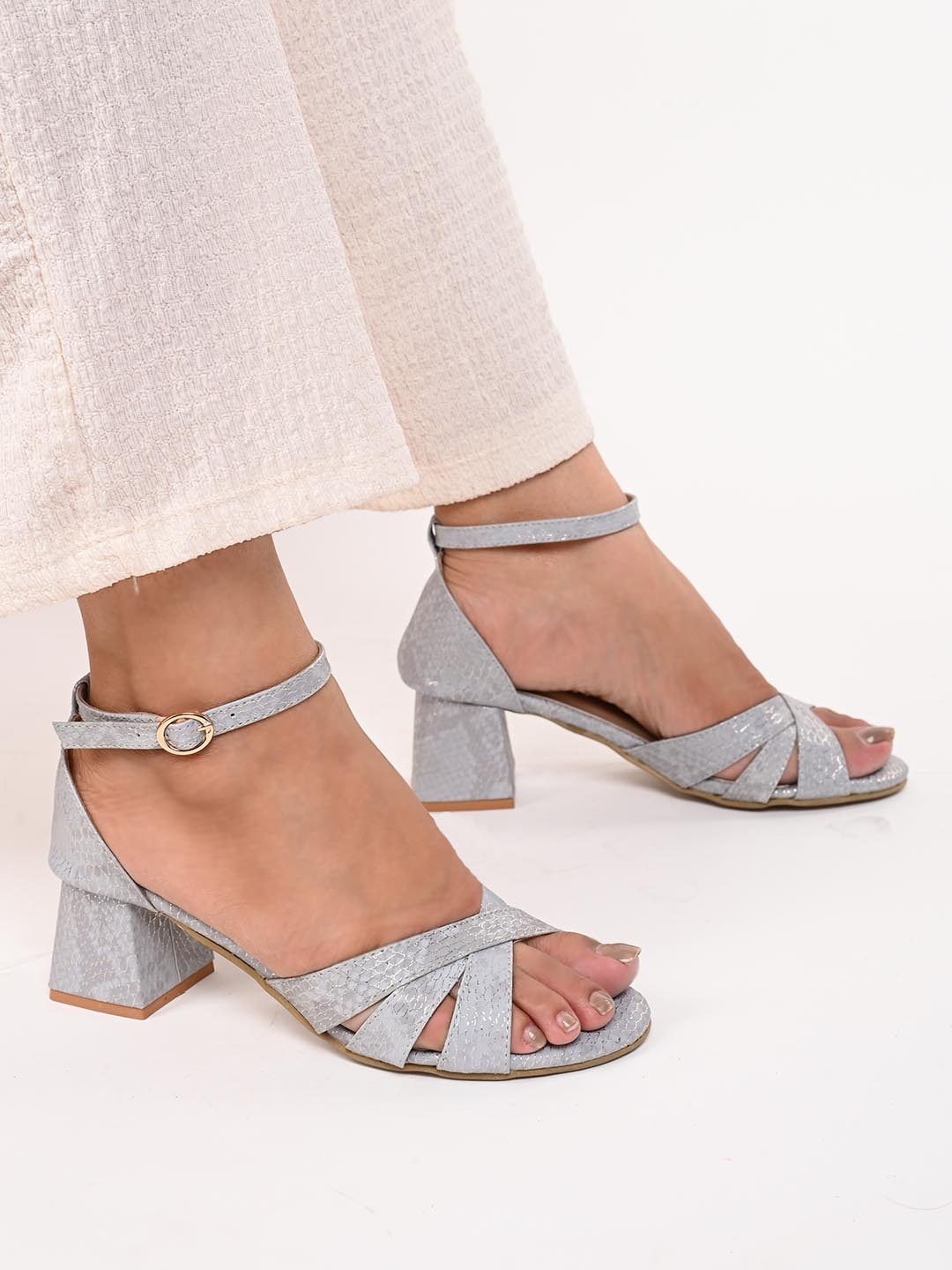 

ALL TABS OPEN Textured Open Toe Block Heels, Grey