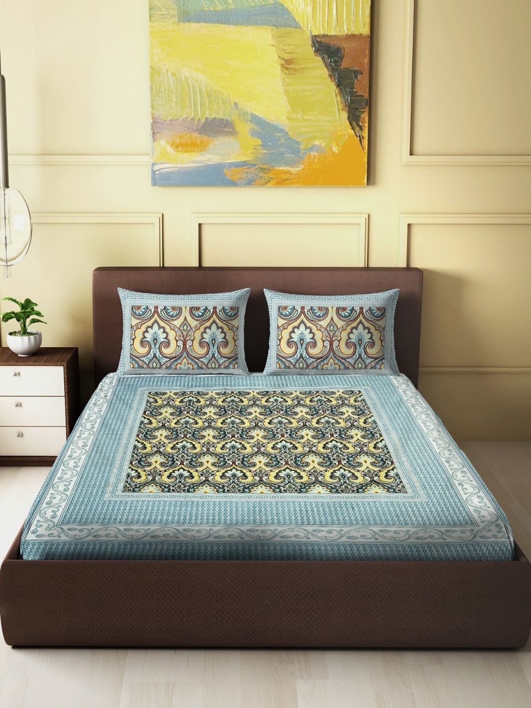 

Spangle Sea Green & Yellow Ethnic Motifs 250 TC Cotton King Bedsheet with 2 Pillow Covers
