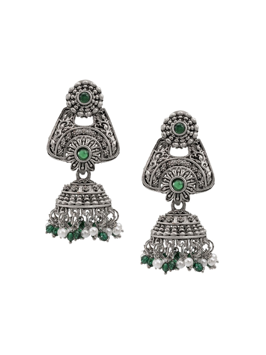 

Shining Jewel - By Shivansh Silver Plated Cubic Zirconia Oxidised Jhumkas