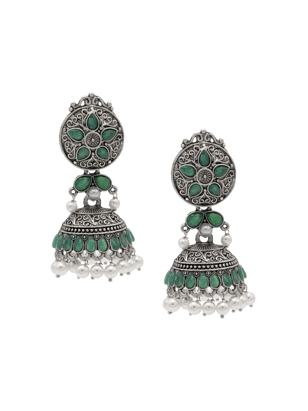 

Shining Jewel - By Shivansh Cubic Zirconia Silver Plated Oxidised Jhumkas