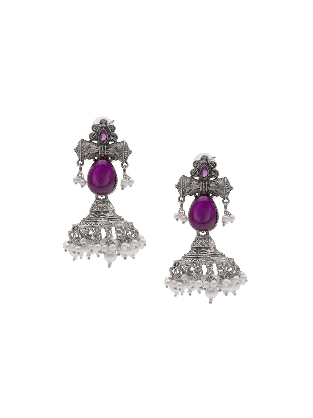 

Shining Jewel - By Shivansh Silver-Plated Brass Cubic Zirconia Oxidised Jhumka Earrings, Pink