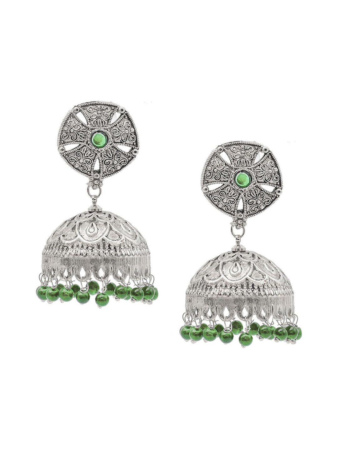 

Shining Jewel - By Shivansh Silver-Plated Cubic Zirconia Oxidised Jhumkas Earrings, Green