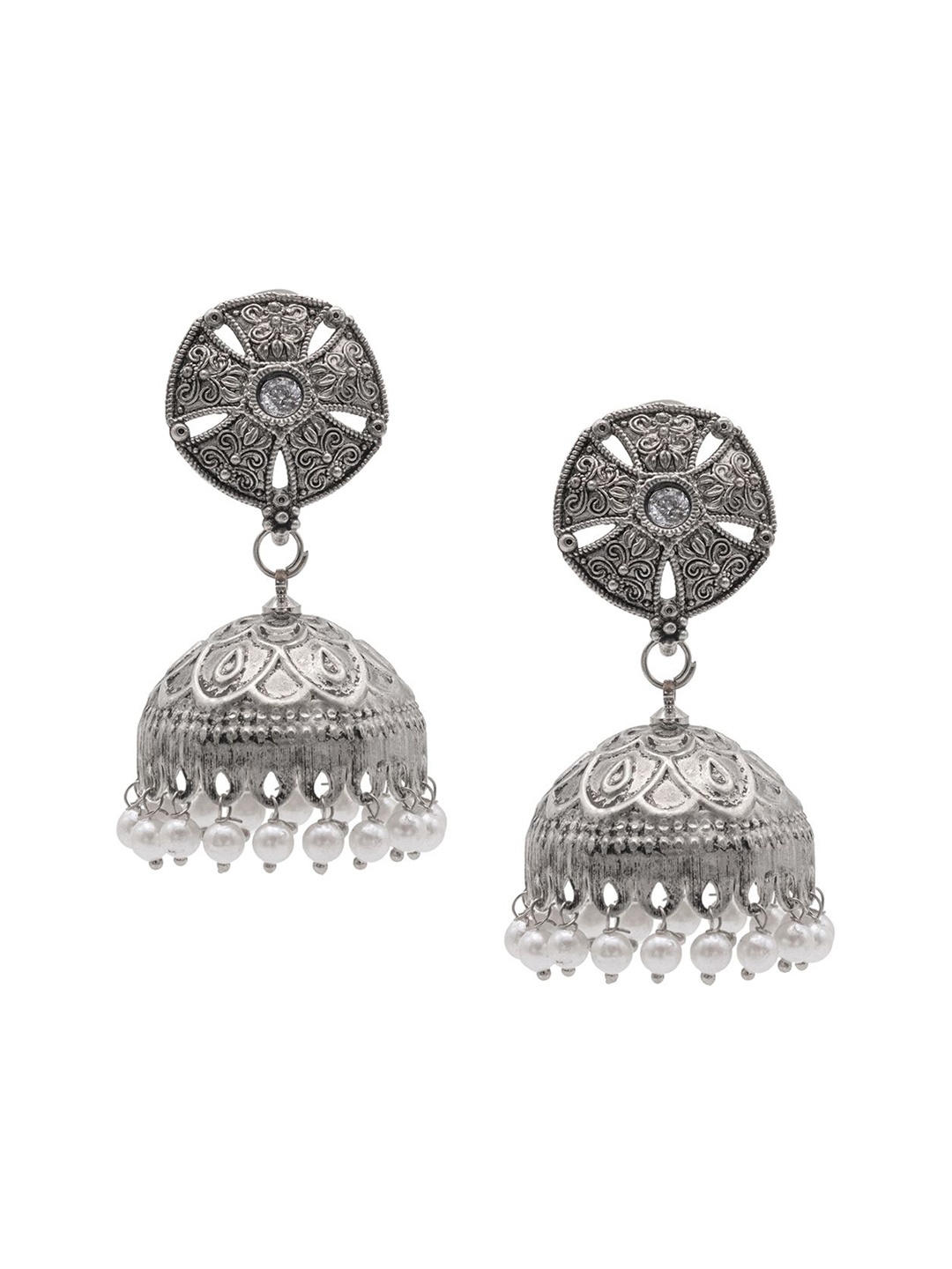 

Shining Jewel - By Shivansh Silver-Plated Cubic Zirconia Studded Dome Shaped Jhumkas