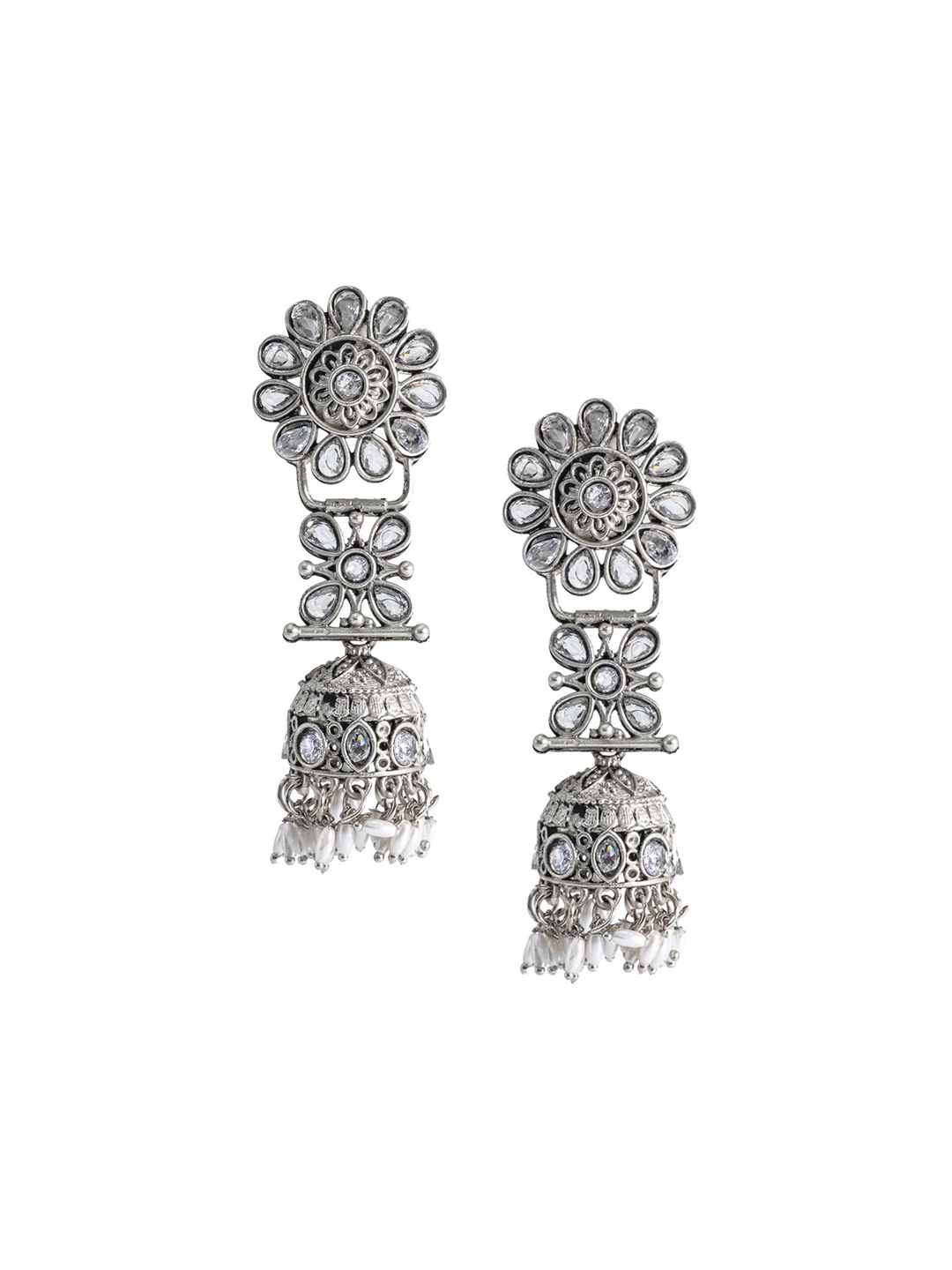 

Shining Jewel - By Shivansh Silver-Plated Artificial Beads Oxidised Jhumkas Earrings, White