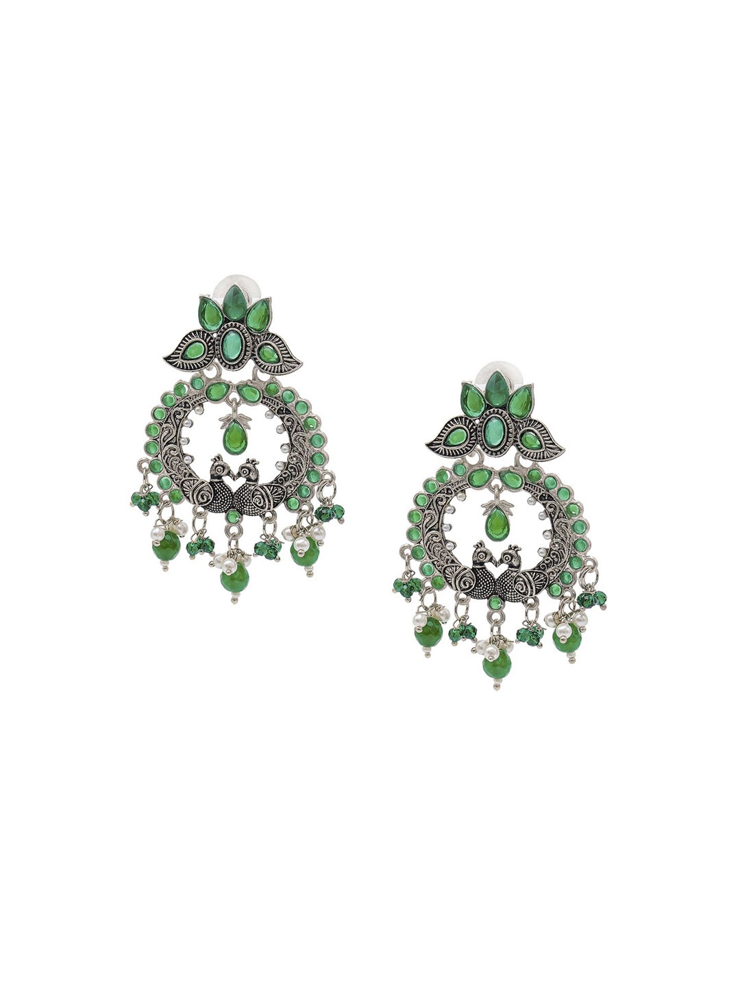 

Shining Jewel - By Shivansh Silver-Plated Cubic Zirconia Peacock Shaped Chandbalis