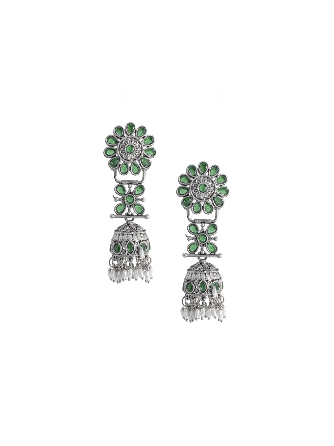 

Shining Jewel - By Shivansh Silver-Plated Cubic Zirconia Floral Shaped Jhumkas