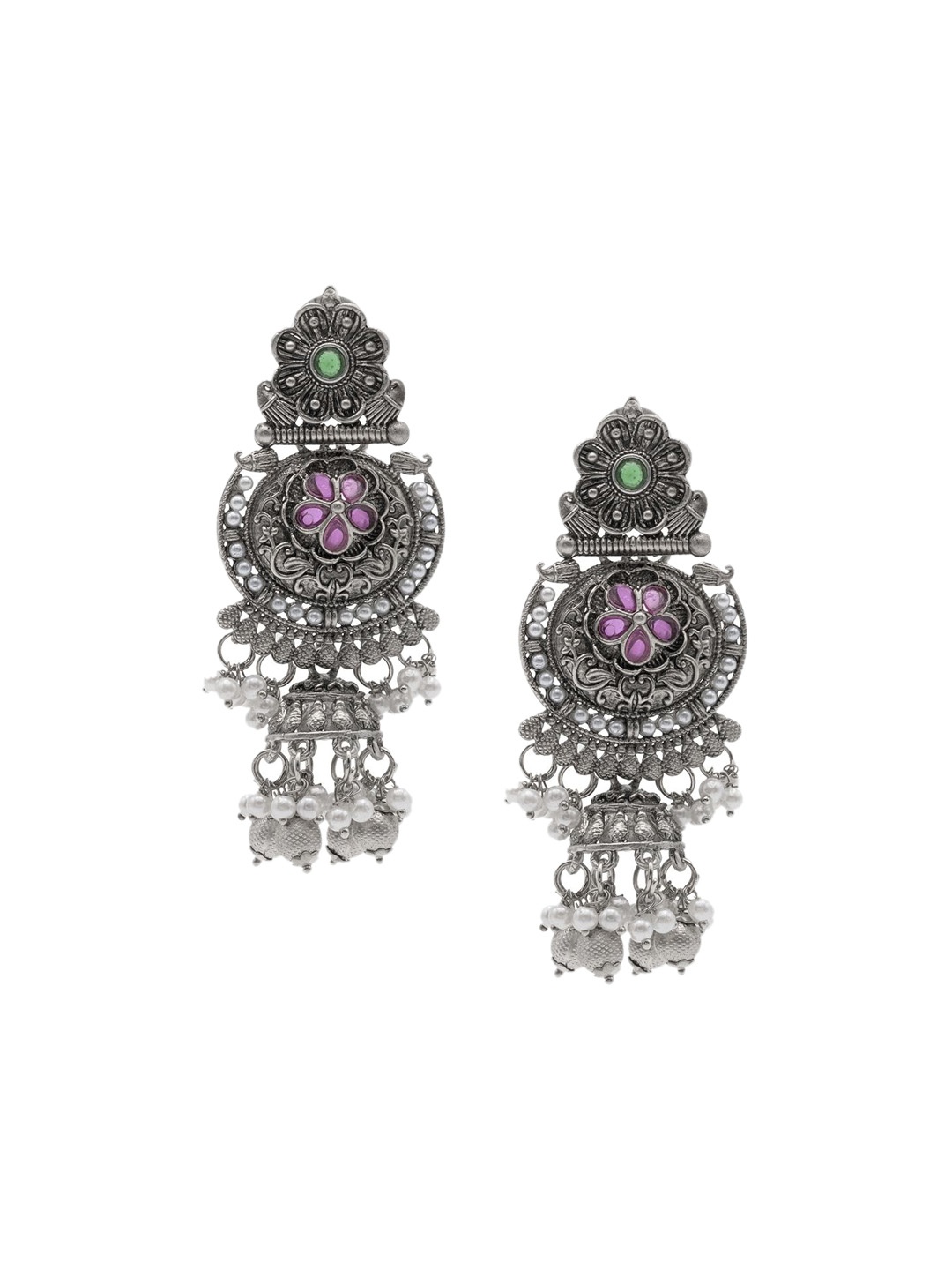 

Shining Jewel - By Shivansh Silver-Plated Cubic Zirconia Studded Chand Bali Jhumkas