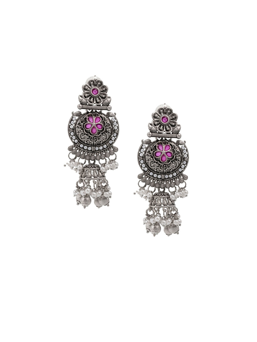 

Shining Jewel - By Shivansh Silver-Plated Cubic Zirconia Studded Chand Bali Jhumkas