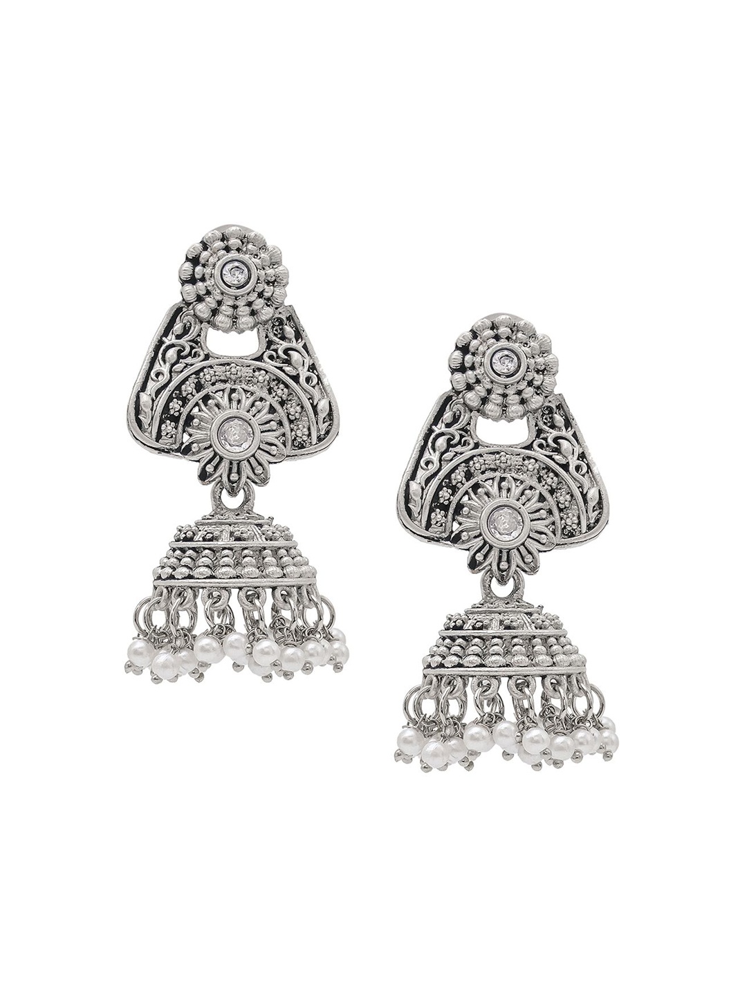 

Shining Jewel - By Shivansh Silver-Plated Artificial Beads Dome Shaped Jhumkas