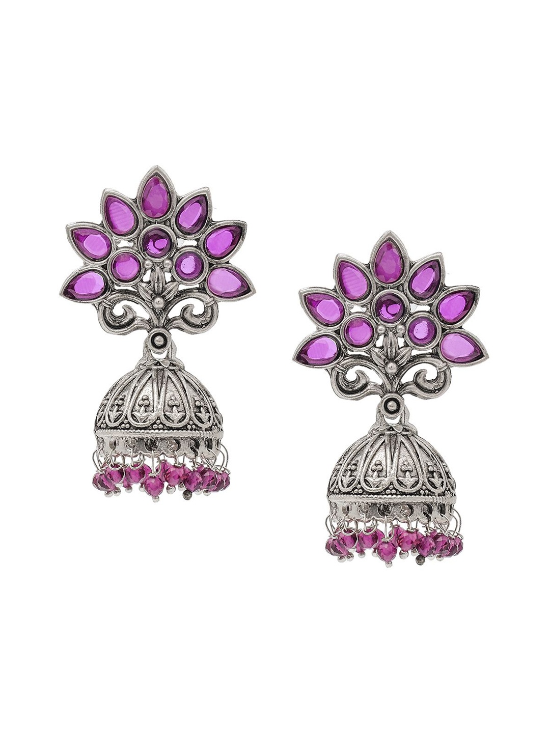 

Shining Jewel - By Shivansh Silver-Plated Cubic Zirconia Dome Shaped Jhumkas