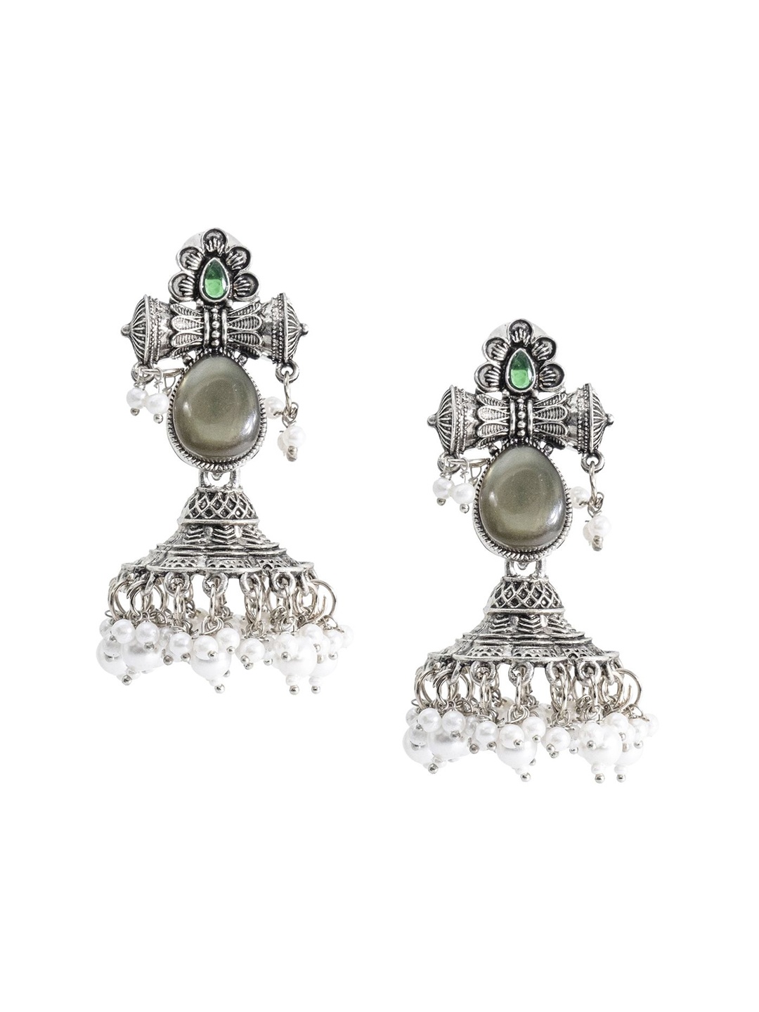 

Shining Jewel - By Shivansh Silver-Plated Dome Shaped Cubic Zirconia Jhumka Earrings, Green