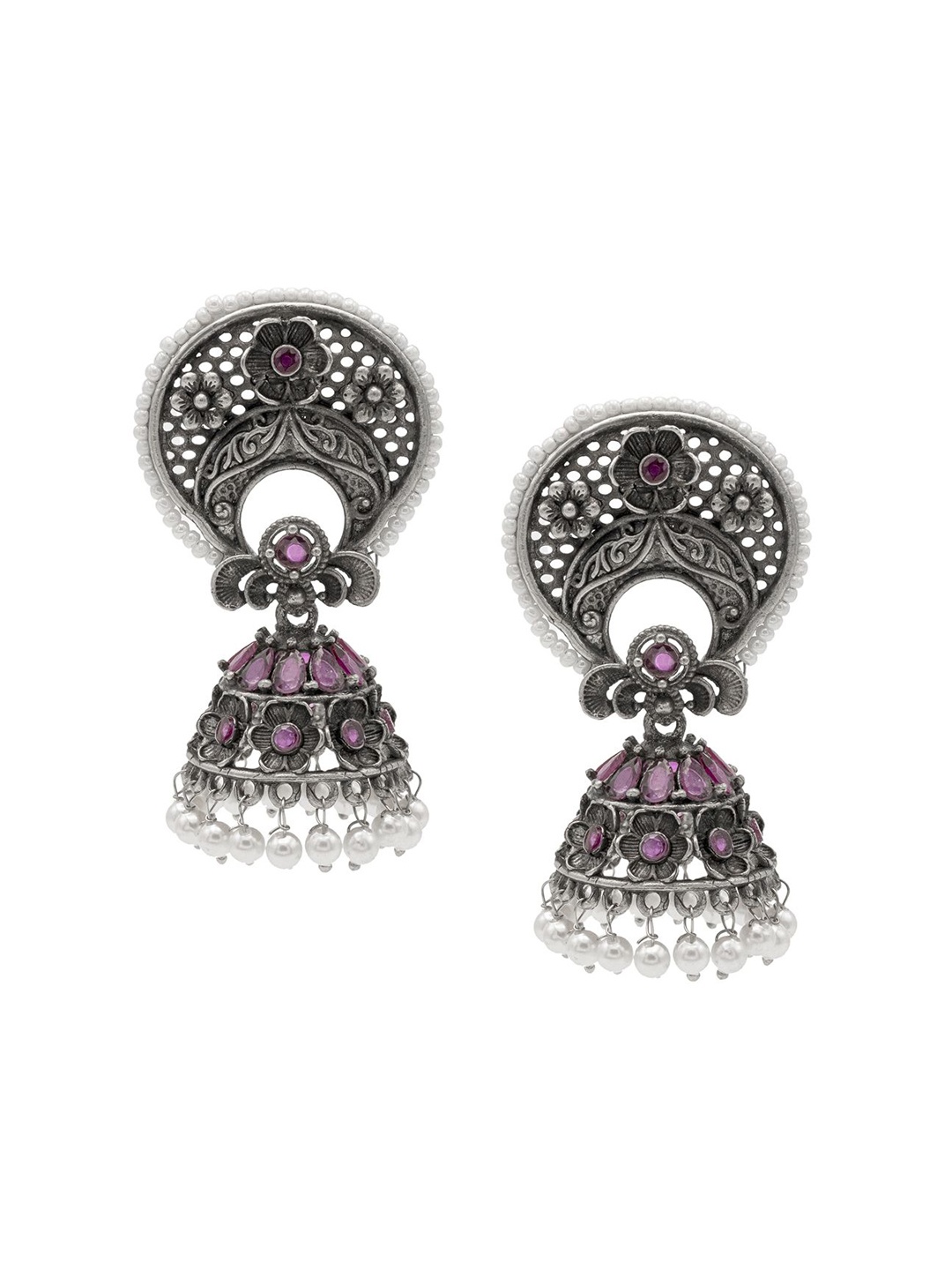 

Shining Jewel - By Shivansh Silver-Plated Dome Shaped Cubic Zirconia Jhumka Earrings, Maroon