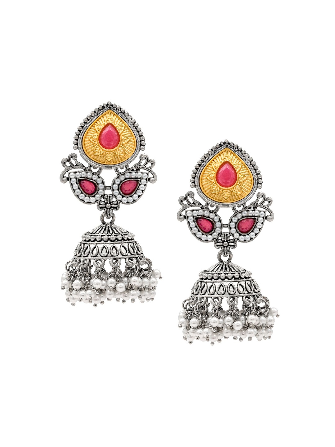 

Shining Jewel - By Shivansh Silver-Plated Dome Shaped Cubic Zirconia Drop Earrings, Maroon