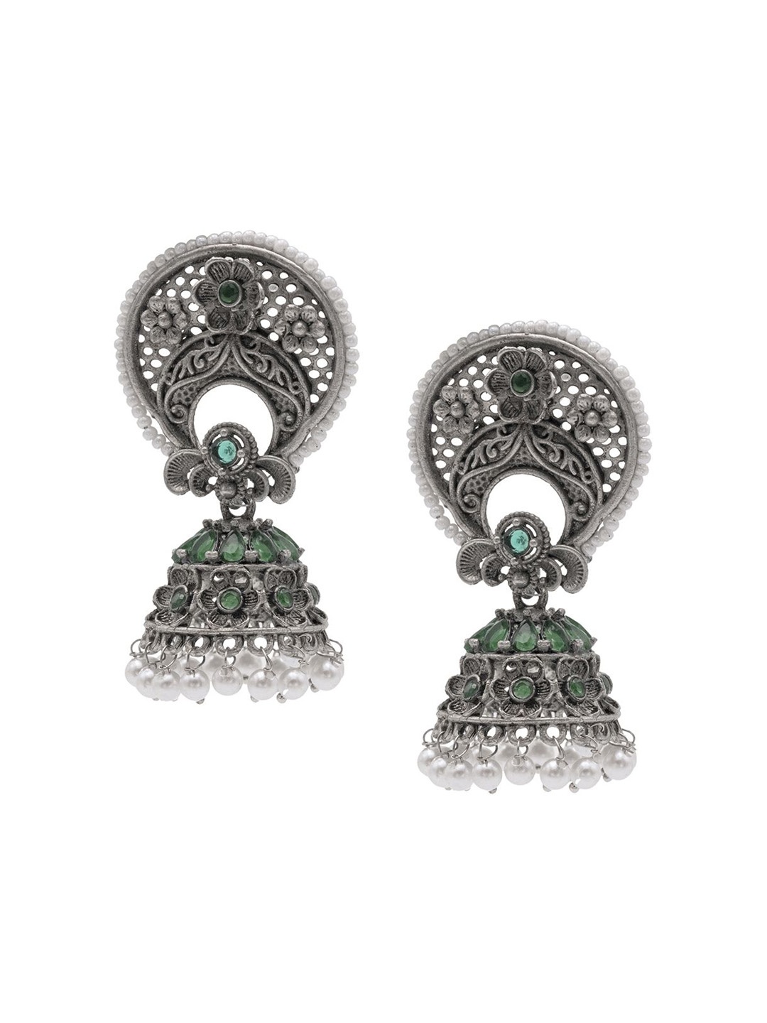 

Shining Jewel - By Shivansh Silver-Plated Brass Dome Shaped Cubic Zirconia Jhumka Earrings, Green