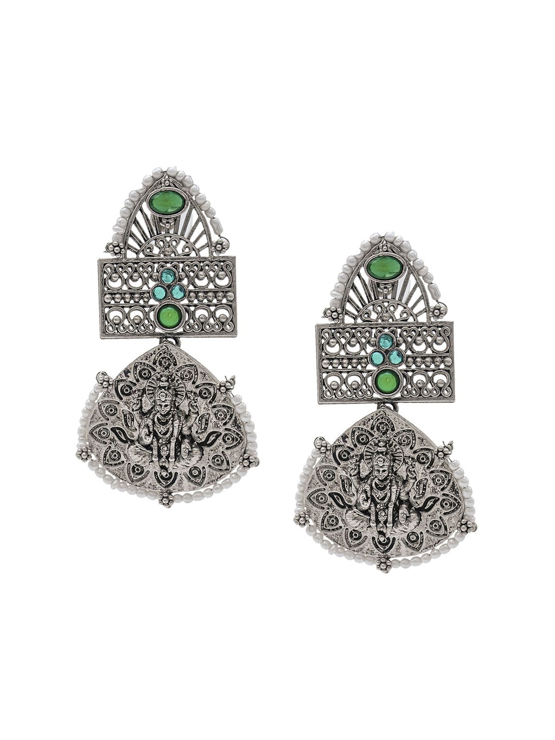 

Shining Jewel - By Shivansh Silver-Plated Contemporary Shaped Cubic Zirconia Drop Earrings, Green