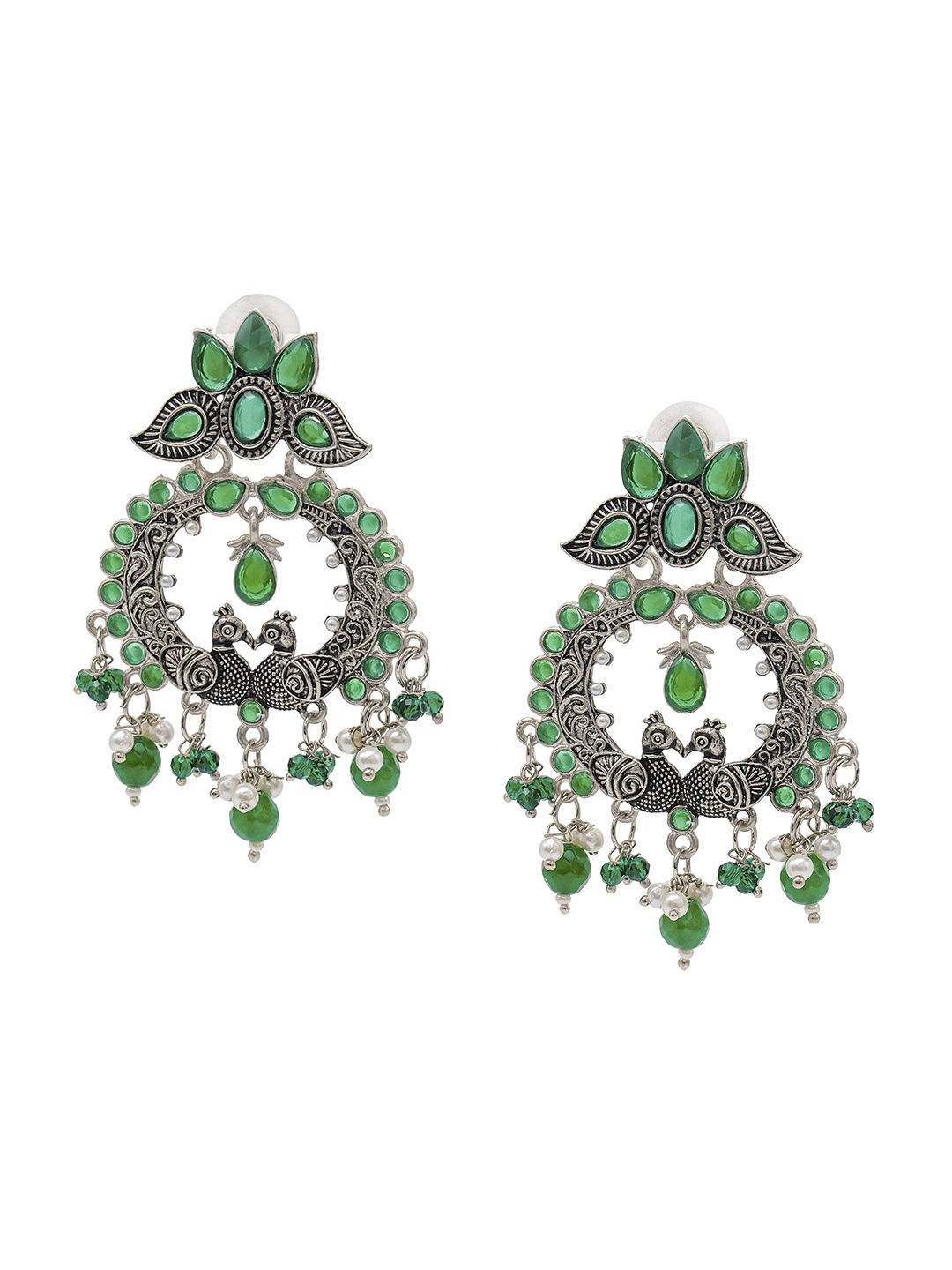 

Shining Jewel - By Shivansh Silver-Plated Cubic Zirconia Peacock Shaped Chandbalis, Green