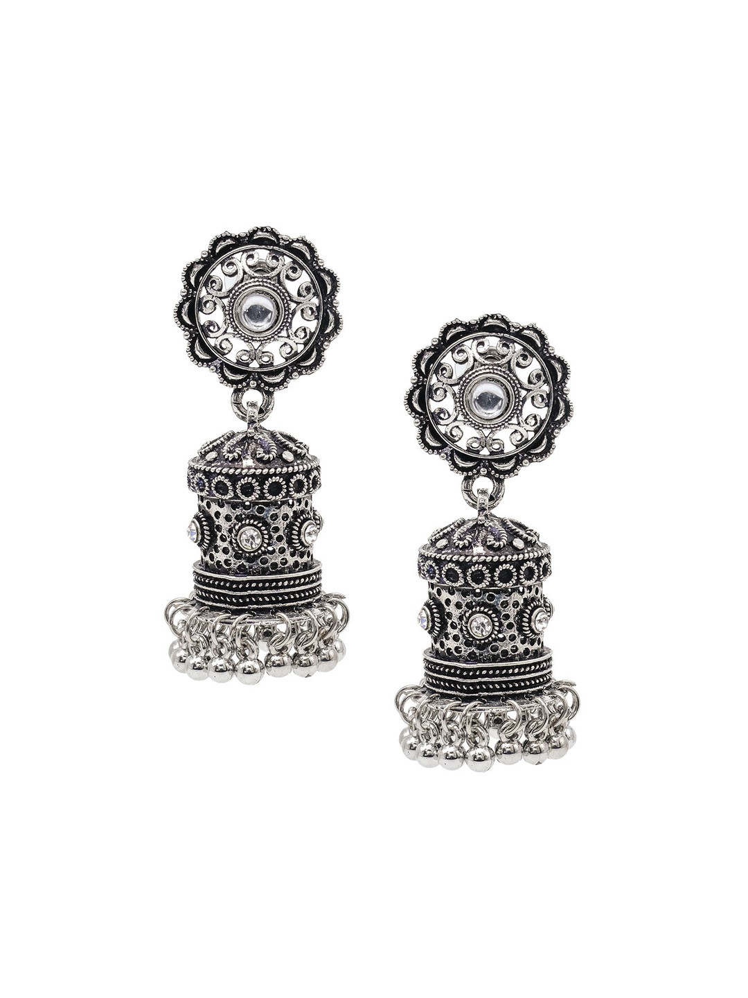 

Shining Jewel - By Shivansh Silver-Plated Cubic Zirconia Dome Shaped Jhumkas