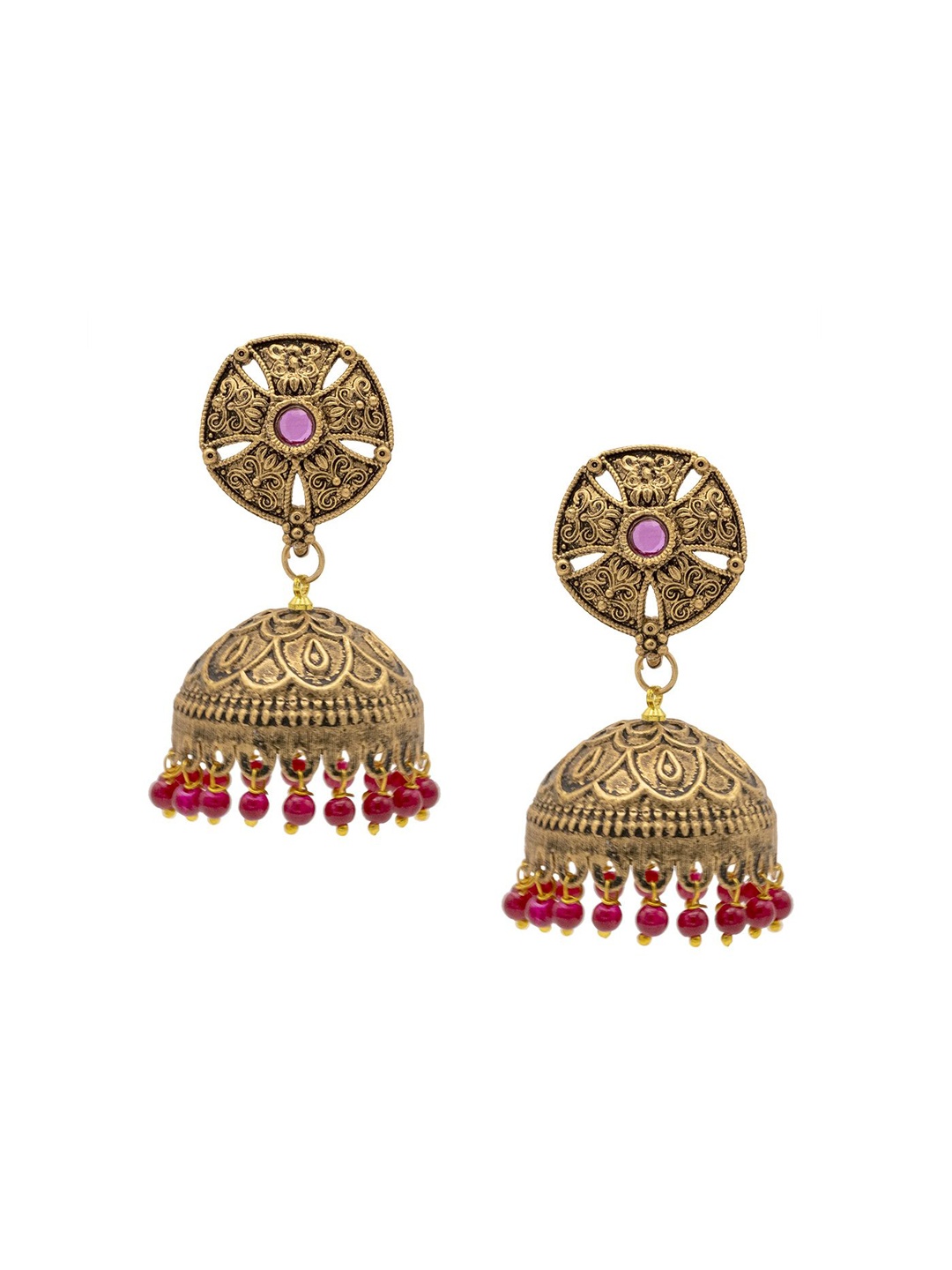 

Shining Jewel - By Shivansh Gold-Plated Artificial Stones & Beads Dome Shaped Jhumkas, Maroon