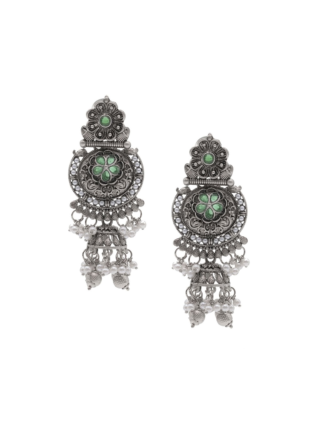 

Shining Jewel - By Shivansh Silver-Plated Artificial Stones & Beads Contemporary Jhumkas, Green