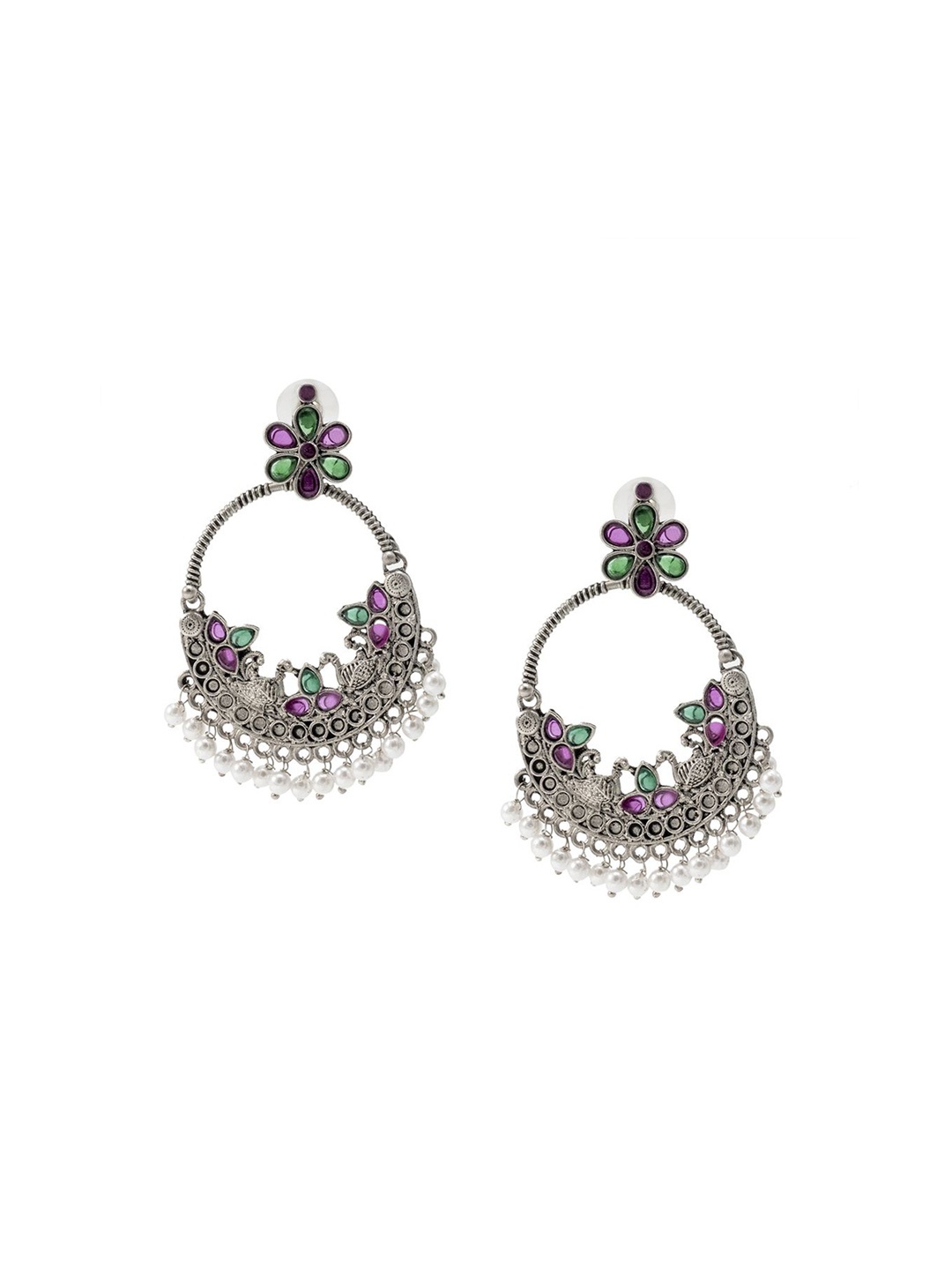 

Shining Jewel - By Shivansh Silver-Plated Cubic Zirconia Studded Chand Bali Jhumkas