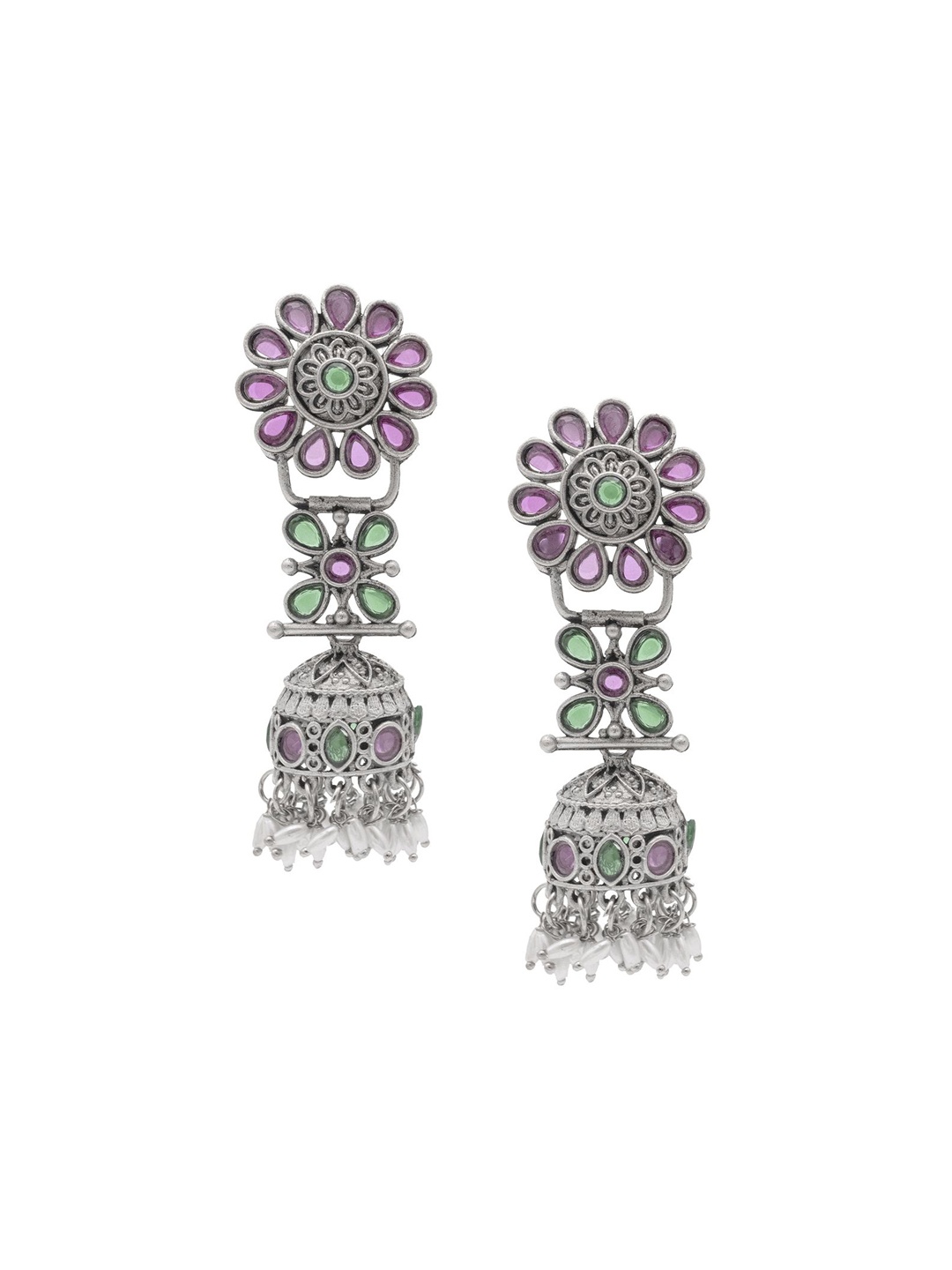 

Shining Jewel - By Shivansh Silver-Plated Cubic Zirconia Oxidised Jhumkas