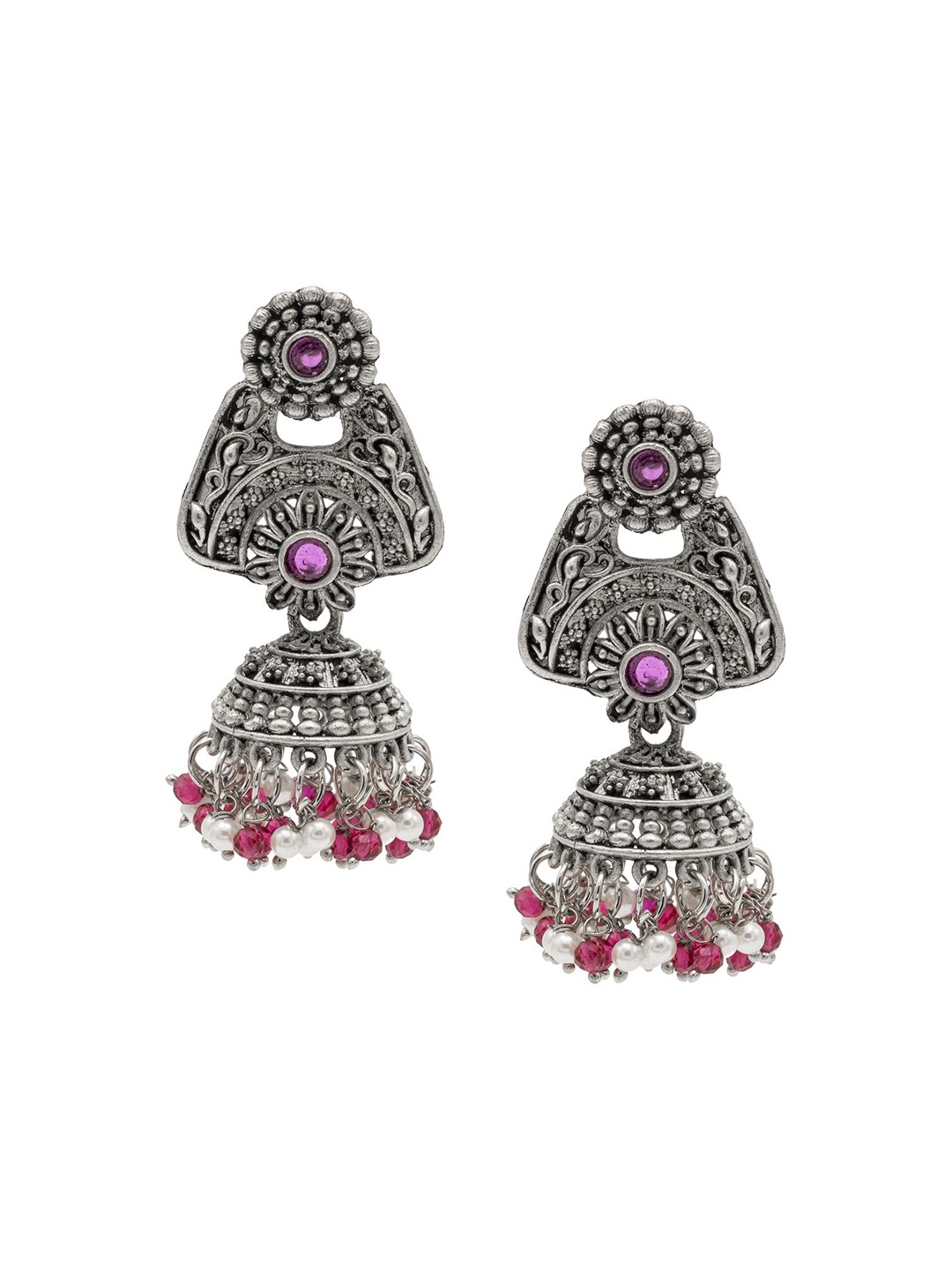 

Shining Jewel - By Shivansh Silver Plated Cubic Zirconia Dome Shaped Oxidised jhumkas