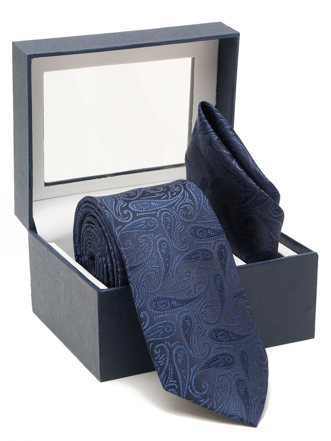 

Cantabil Men Printed Broad Tie With Pocket Square, Navy blue