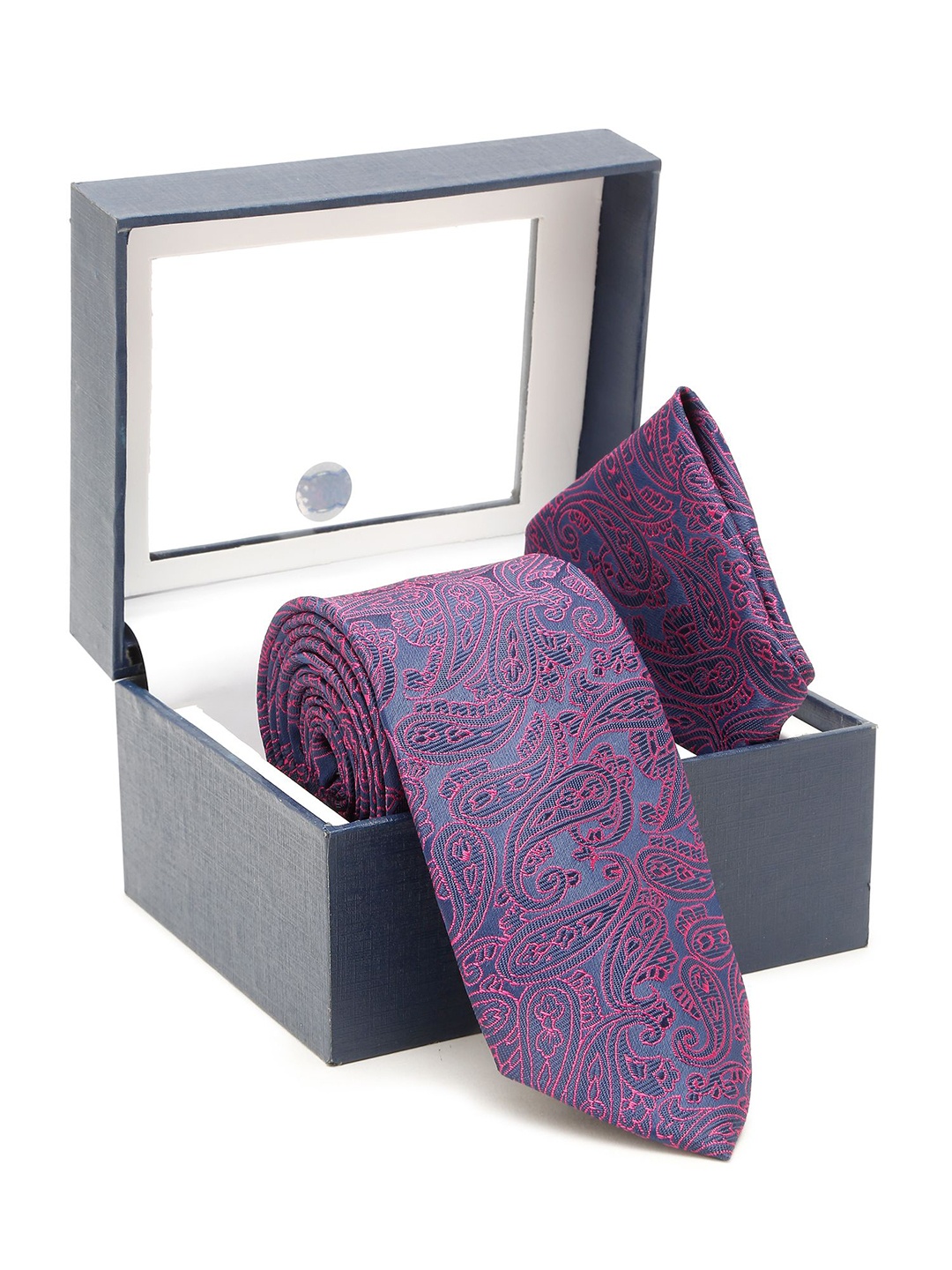 

Cantabil Men Printed Broad Tie With Pocket Square, Magenta
