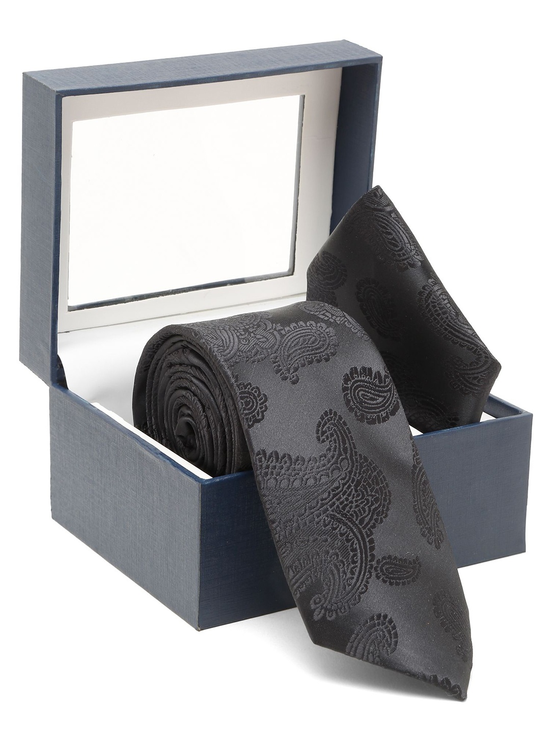 

Cantabil Self Designed Broad Tie With Pocket Square, Grey