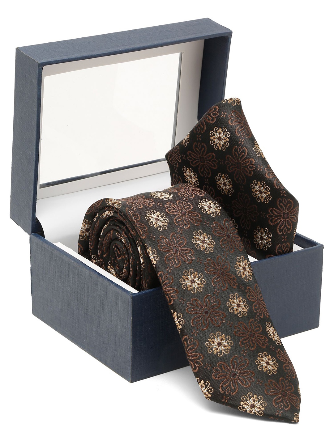 

Cantabil Embroidered Broad Tie With Pocket Square, Brown