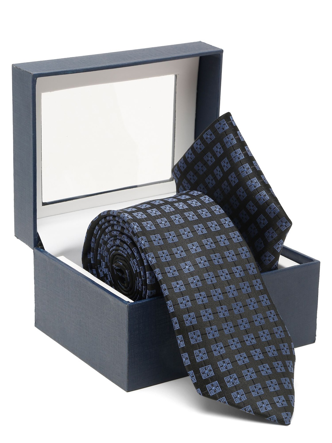 

Cantabil Self Designed Tie With Pocket Square, Navy blue