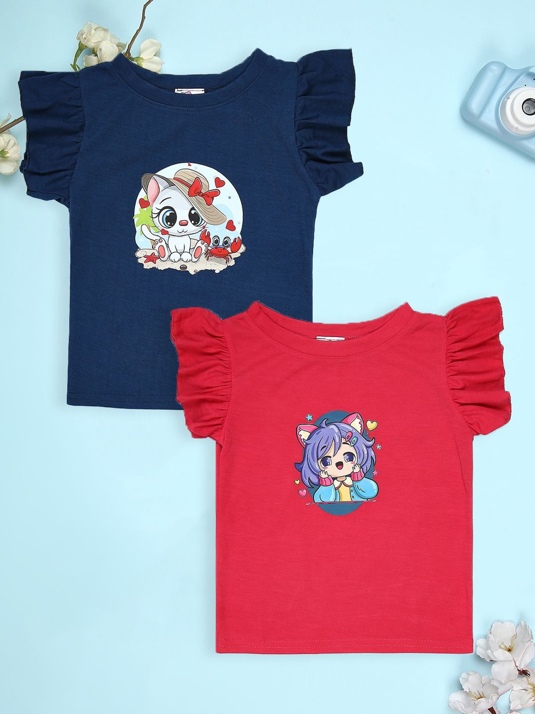 

Cutiekins Girls Pack Of 2 Graphic Printed Round Neck T-shirt, Navy blue