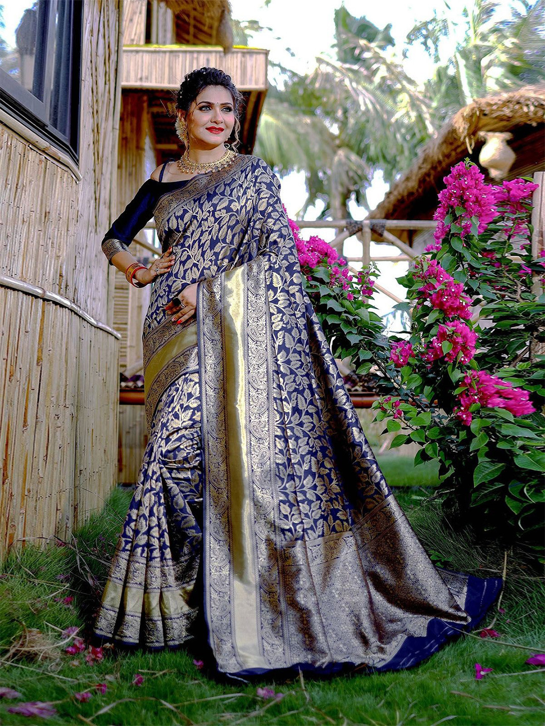 

ODETTE Woven Design Zari Banarasi Saree, Blue