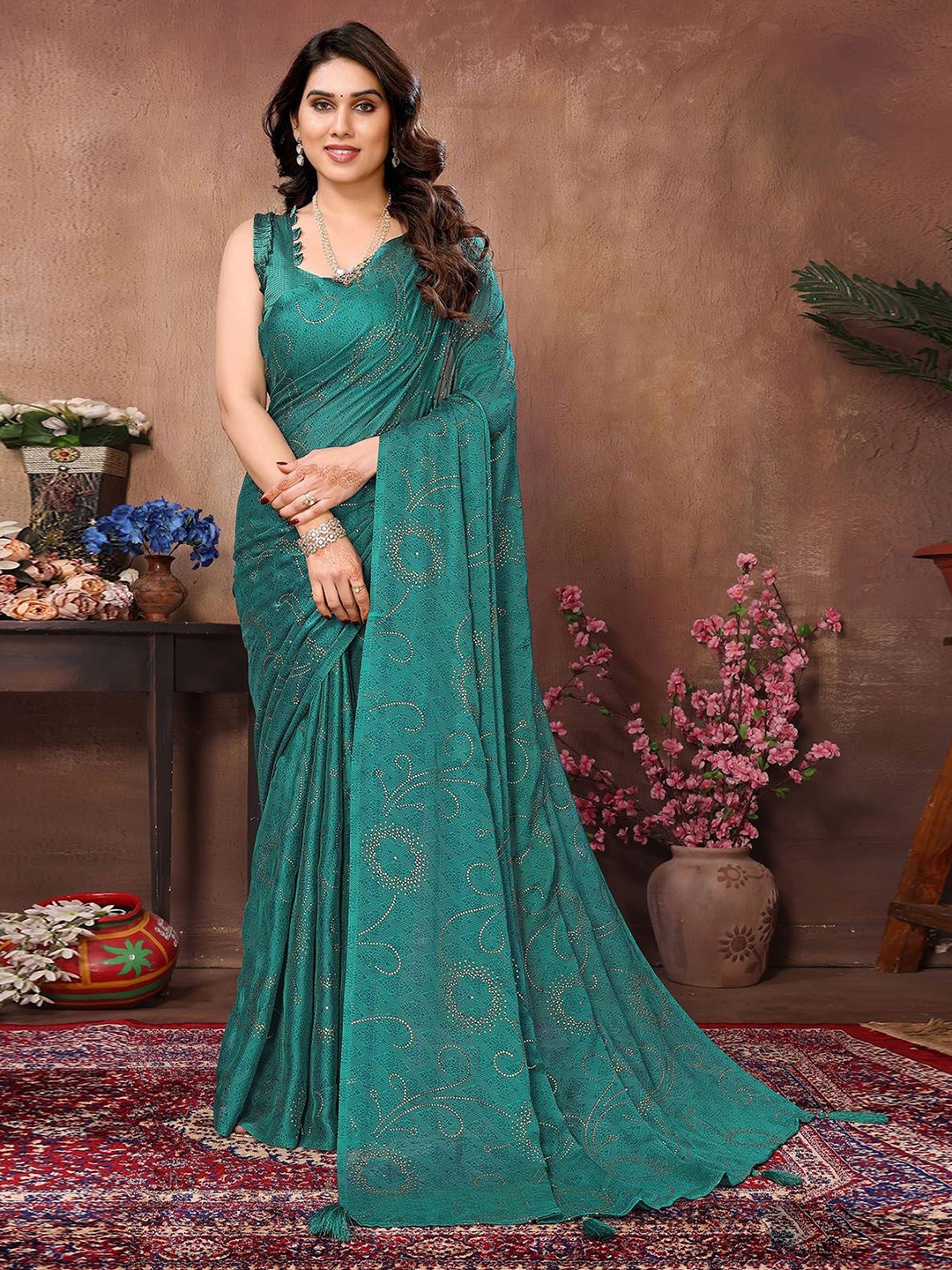 

ODETTE Beads and Stones Embellished Saree, Green