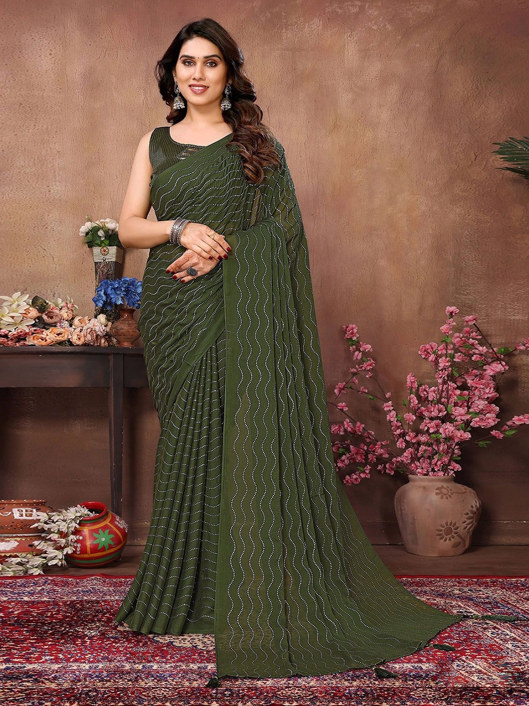 

ODETTE Embellished Beads and Stones Saree, Green