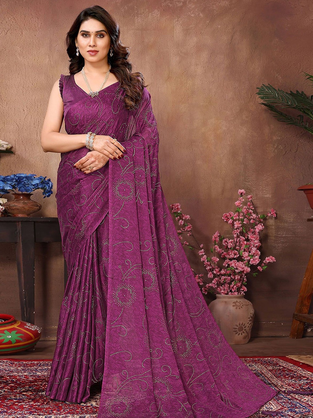 

ODETTE Embellished Beads and Stones Saree, Purple