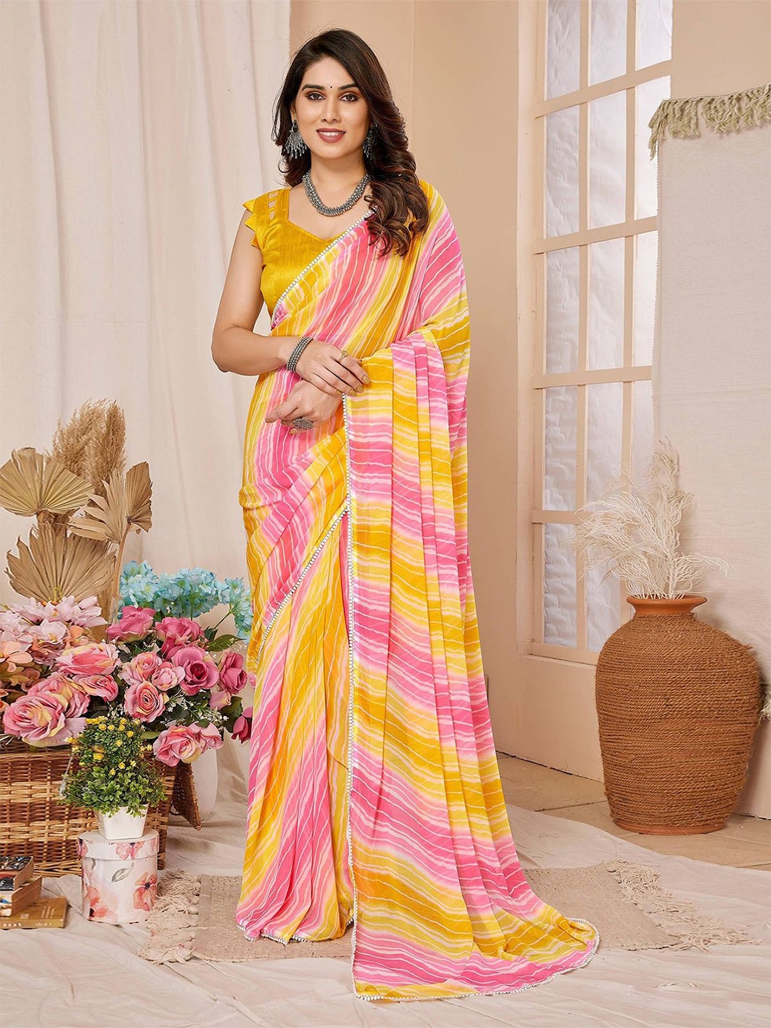 

ODETTE Striped Ready to Wear Saree, Yellow